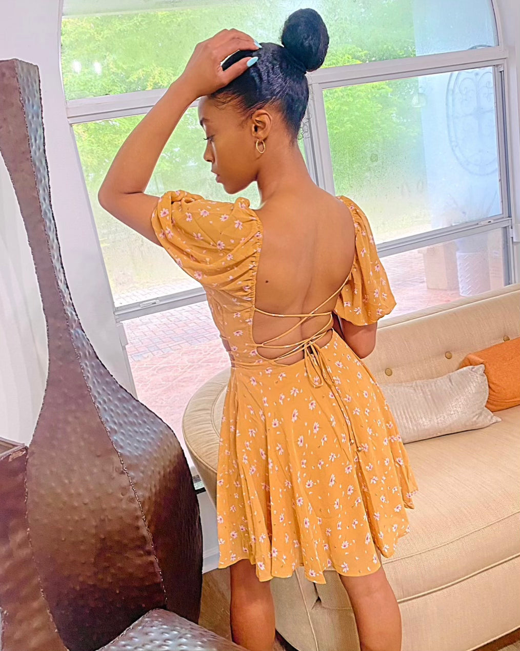 Floral print backless dress