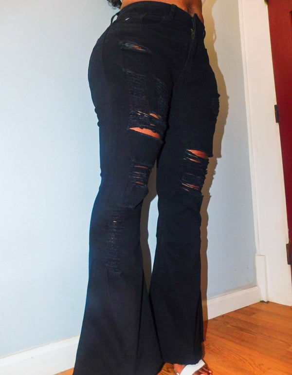 Distressed Black Flare Denim